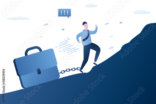 Confident businessman drag big business briefcase uphill. Hard work, concept. Persistence, effort and motivation to be success, challenge, overcome obstacles and achieve target, endurance.