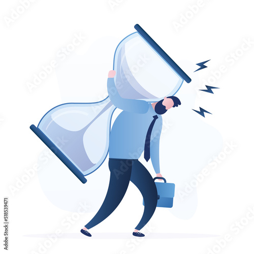 Businessman carries giant hourglass, deadline concept. Unhappy office clerk has time management problems. Schedule of business tasks.