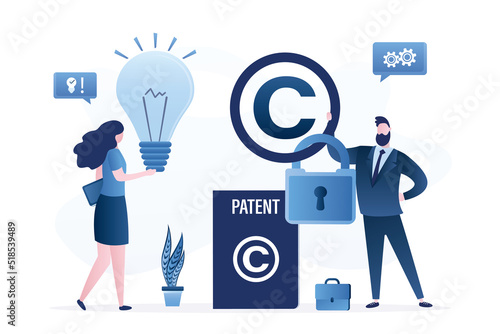 Intellectual property, concept. Trademark license, patent bureau. Authors, co-founders hangs padlock on copyright sign. Copyright protection, prohibition of copying and use of trademark.