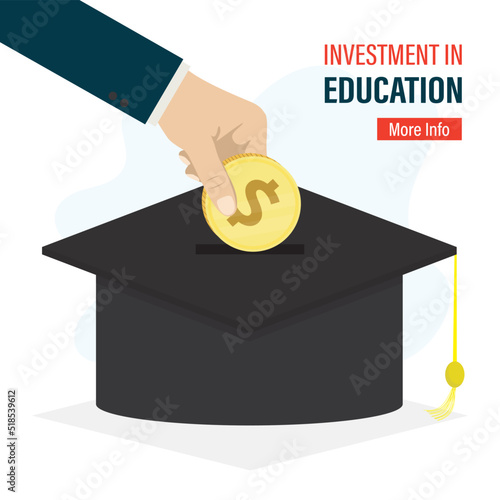 Big hand insert big dollar coin into graduate hat. Education fund for college, saving for school or university tuition fee. Investment in education, concept. Study cost for training expense.