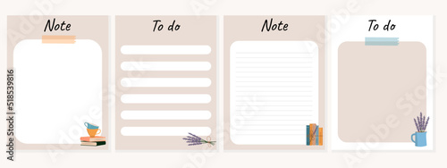Set of planners and to do list with books, plants illustrations. Template for agenda, schedule, planners, checklists, notebooks, cards and other stationery