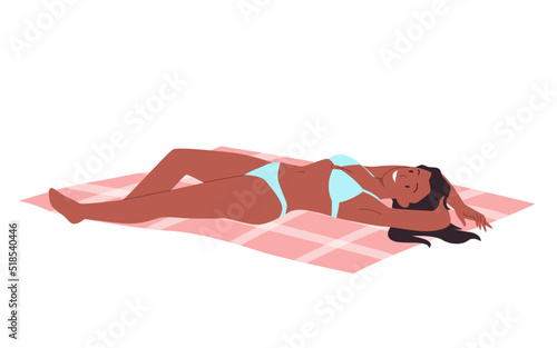 Girl lying on the beach. Woman relaxing and taking sunbath, suntanned lady in bikini swimwear vector illustration