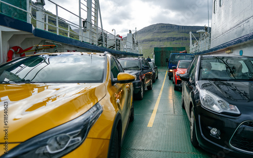 Klaksvik, Faroe Islands - 16.06.2022: Transportation between islands. Car ferry to Kalsoy Island from City of Klaksvik in the Fareo Islands.
