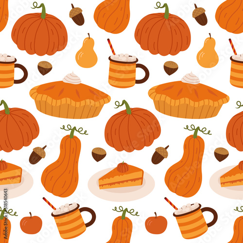 Autumn seamless pattern with pies, cocoa, pumpkins,  leaves, nuts and acorns. Bright repeating texture. Wrapping paper. Autumn harvest.