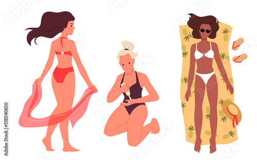 Beautiful girls in swimsuits on beach. Summer vacation, taking sunbath, suntanned women, bikini swimwear and pareo, relaxing sea time, sun block protective cream vector illustration