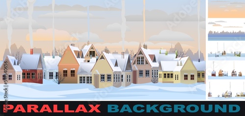 Winter street with snowdrifts. Set parallax effect. Rural houses. Smoke from chimney. Quiet frosty evening. Seamless. Roofs are covered with snow. Country landscape. Flat cartoon style. Vector