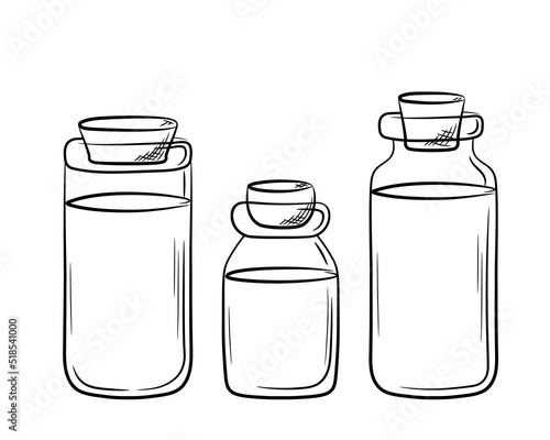 A set of glass jars of various shapes with cork plugs. Hand-drawn balloon with lid in line style. Isolated vector illustration.