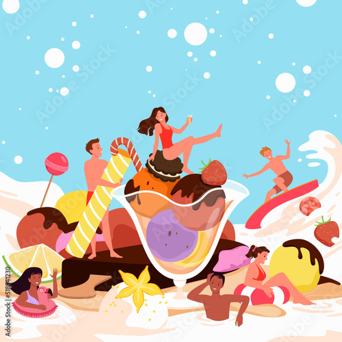 Tiny people around a giant ice cream. Summer freezy dessert, sweet fruit icecream, frozen food flavoured with vanilla and chocolate, cold creamy product vector illustration