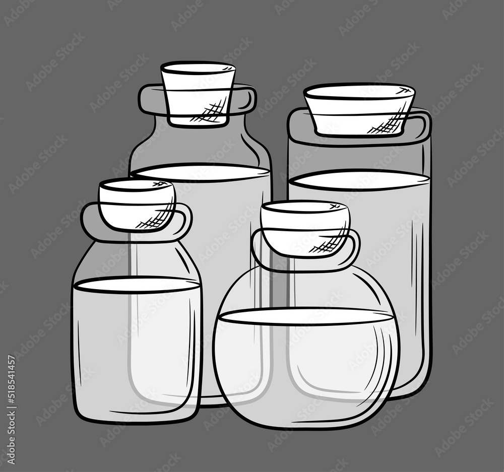 Composition of glass jars of different shapes with cork plugs. Hand drawn balloons with translucent layers. Isolated vector illustration. Composition of glass jars of different shapes with cork plugs. Hand drawn balloons with translucent layers. Isolated vector illustration.