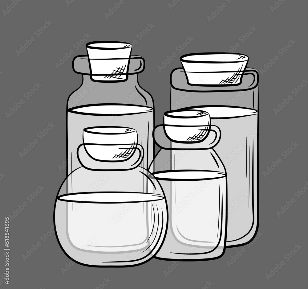Composition of glass jars of different shapes with cork plugs. Hand drawn balloons with translucent layers. Isolated vector illustration. Composition of glass jars of different shapes with cork plugs. Hand drawn balloons with translucent layers. Isolated vector illustration.