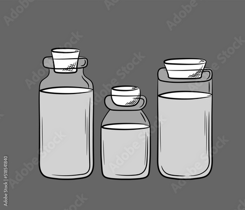 Composition of glass jars of different shapes with cork plugs. Hand drawn balloons with translucent layers. Isolated vector illustration.