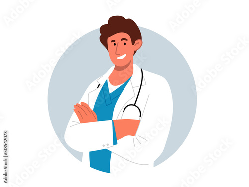 Smiling doctor with crossed arms and stethoscope.Vector flat illustration