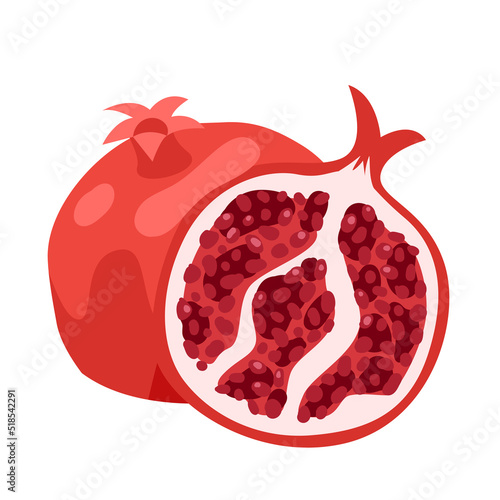 Pomegranate, red sweet summer fruit vector illustration. Cartoon isolated whole ripe pomegranate and cut in half, exotic fresh ruby garnet product, juicy natural ingredient for smoothie and juice