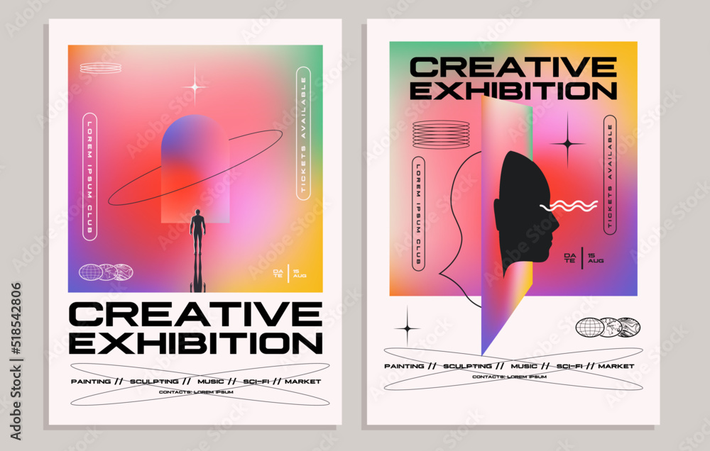 Creative exhibition flyer or poster concepts with abstract geometric shapes and human silhouettes on bright gradient background. Vector illustration - obrazy, fototapety, plakaty 