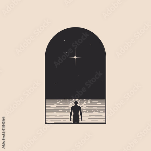 Conceptual illustration of the loneliness with a man stands on the night shore under a star in arch doorway form isolated on light background. Vector illustration