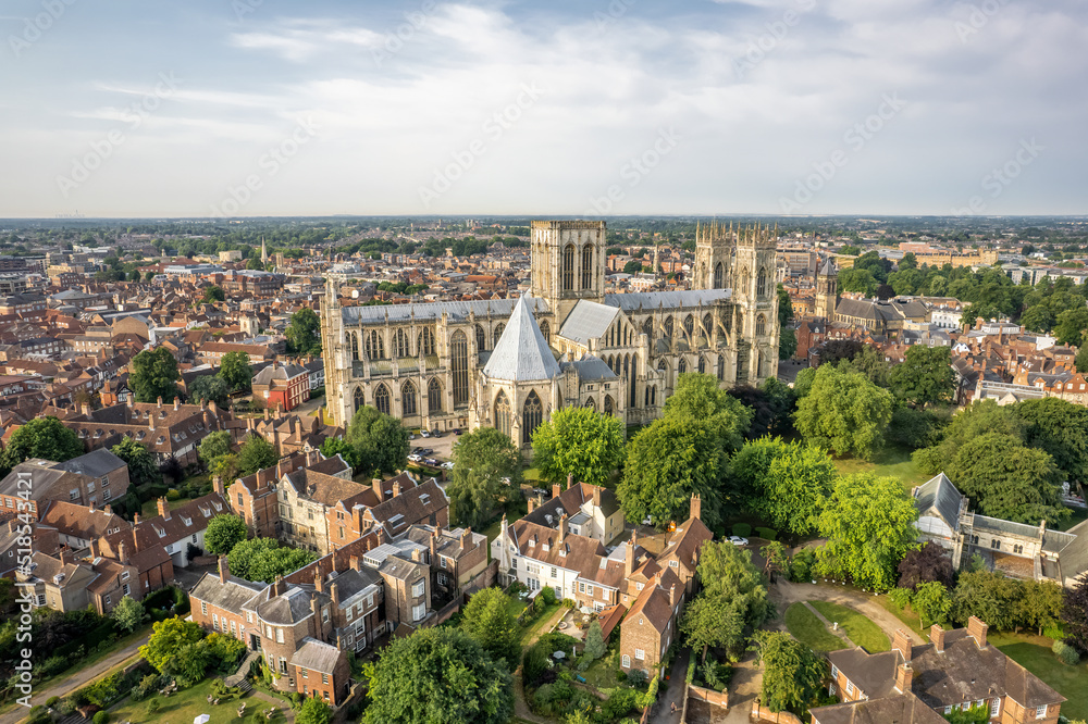 The drone aerial view of York Minister. York Minster is the largest Gothic cathedral in Northern Europe. 