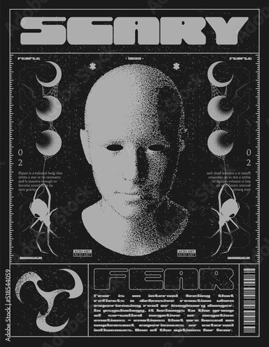 Retro futuristic poster with human head . Abstract horror print with noise, for streetwear, print for t-shirts and sweatshirts on a black background