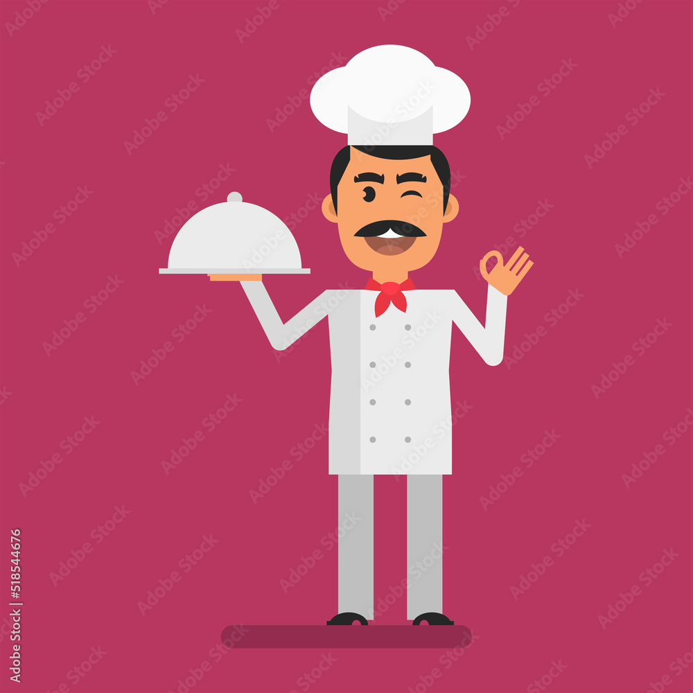 Chef holding tray and showing gesture ok. Flat people. Vector Illustration Chef holding tray and showing gesture ok. Flat people. Vector Illustration