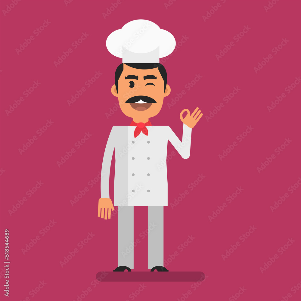 Chef stands and shows gesture ok. Flat people. Vector Illustration Chef stands and shows gesture ok. Flat people. Vector Illustration