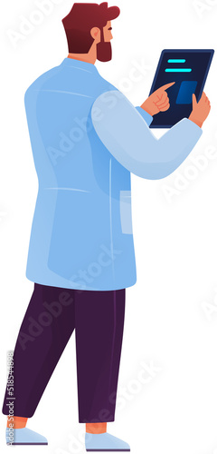 Male scientist or doctor character, man researcher in white coat standing with clipboard back view. Chemical laboratory assistant, engineer, doctor wearing white gown holding digital tablet in hands