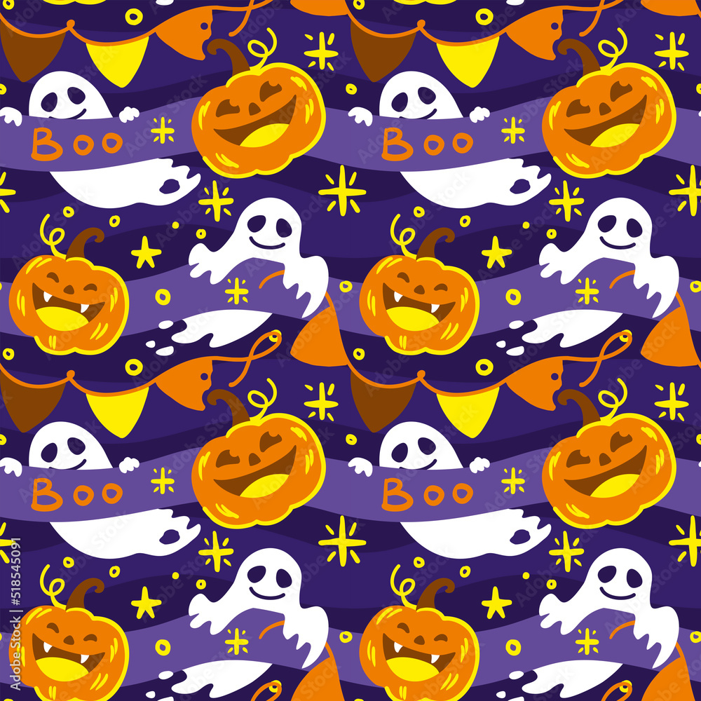 Halloween, pumpkin and ghost. Cute print for kids. Seamless pattern for fabric, wrapping, textile, wallpaper, clothes. Vector.