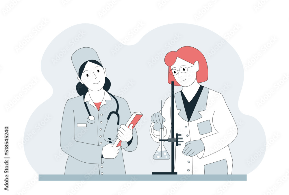 Two doctors performing an experiment. Flat vector medicine design. Clinic, consultation. 