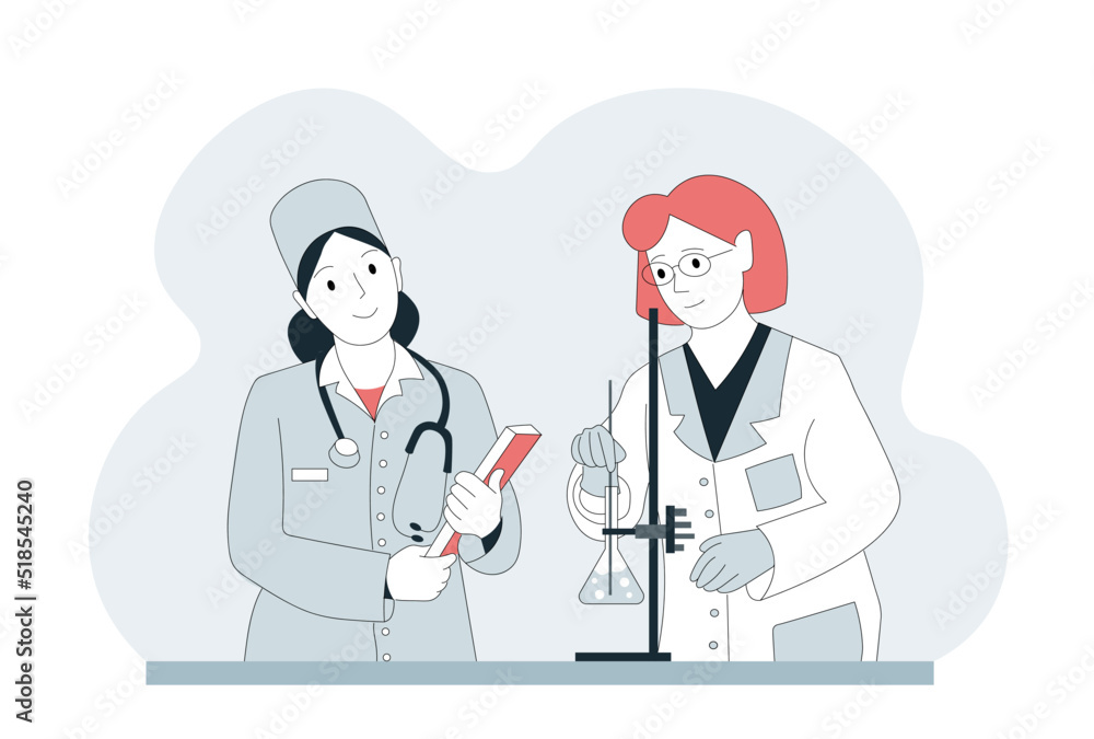 Two doctors performing an experiment. Flat vector medicine design. Clinic, consultation. Two doctors performing an experiment. Flat vector medicine design. Clinic, consultation.