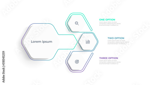 Business infographic design with three options. Vector thin line label with hexagons template. Can be used for workflow diagram, info chart, web design.