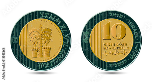 Israeli 10 New Shequalim Bimetallic coin 1995 year. The coin shows a palm tree with seven leaves and two baskets with dates; the emblem of the State of Israel; the words "for the redemption of Zion".