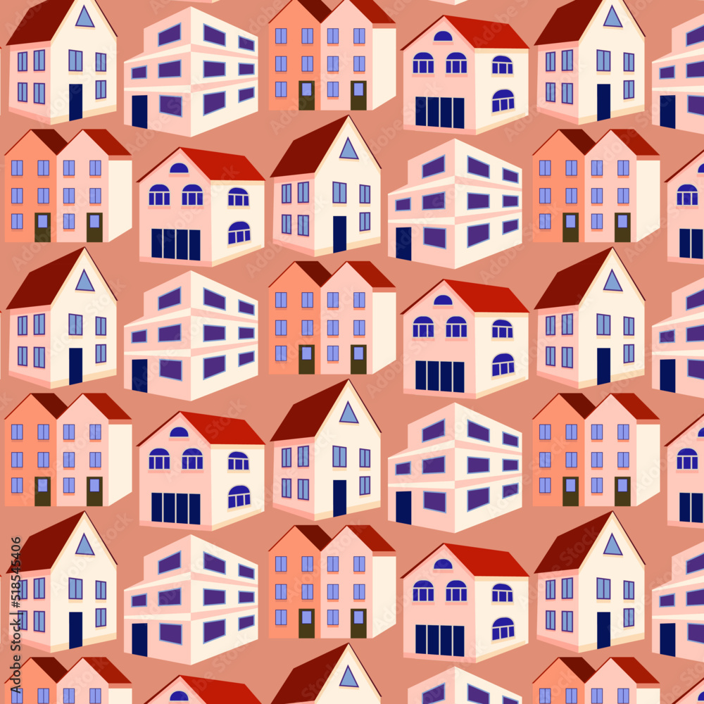 Modern house seamless pattern vector illustration background. Color flat house stylish texture. Repeating modern building seamless pattern background for house design and web