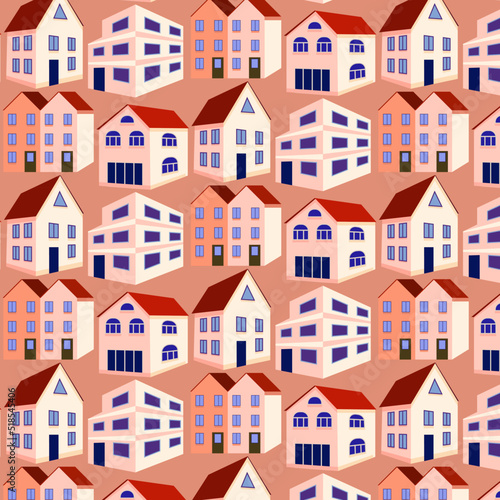 Modern house seamless pattern vector illustration background. Color flat house stylish texture. Repeating modern building seamless pattern background for house design and web