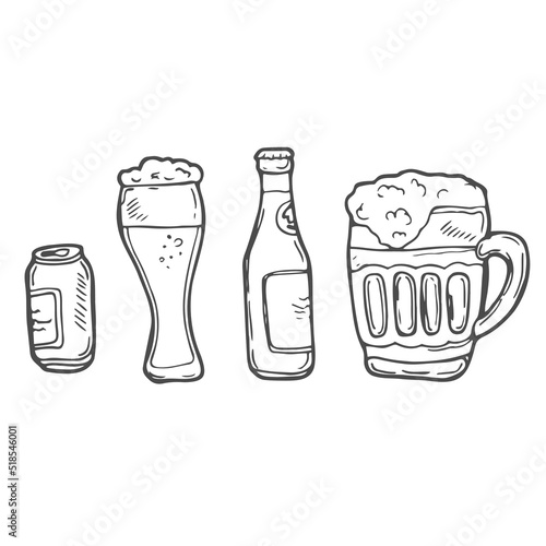 Set of beer glasses, mugs, ribbon, bottle, and hop. vector engraving illustration for web, poster, invitation to party. Hand drawn design element isolated on white background.