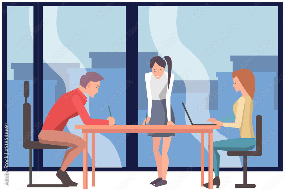 Obraz premium Business man and woman working together in office. People brainstorming around table. Teamwork in coworking space, cooperation, business meeting concept. Colleagues discussing, talking at workplace