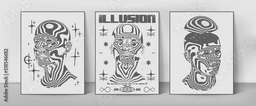 Collection of retro futuristic posters with psychedelic human head. Stylish print for streetwear, print for t-shirts and sweatshirts on a white background