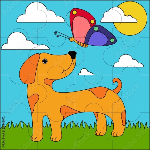 Dog and butterfly suitable for children's puzzle vector illustration