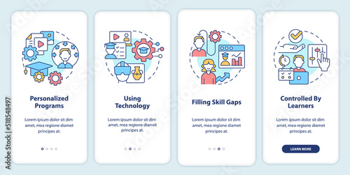 Microlearning practices onboarding mobile app screen. Using technology walkthrough 4 steps editable graphic instructions with linear concepts. UI, UX, GUI template. Myriad Pro-Bold, Regular fonts used photo