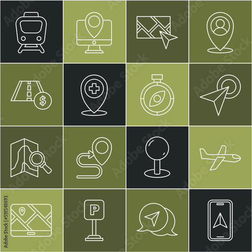Set line City map navigation, Plane, Infographic of city, Location with cross hospital, Toll road traffic sign, Train and Compass icon. Vector