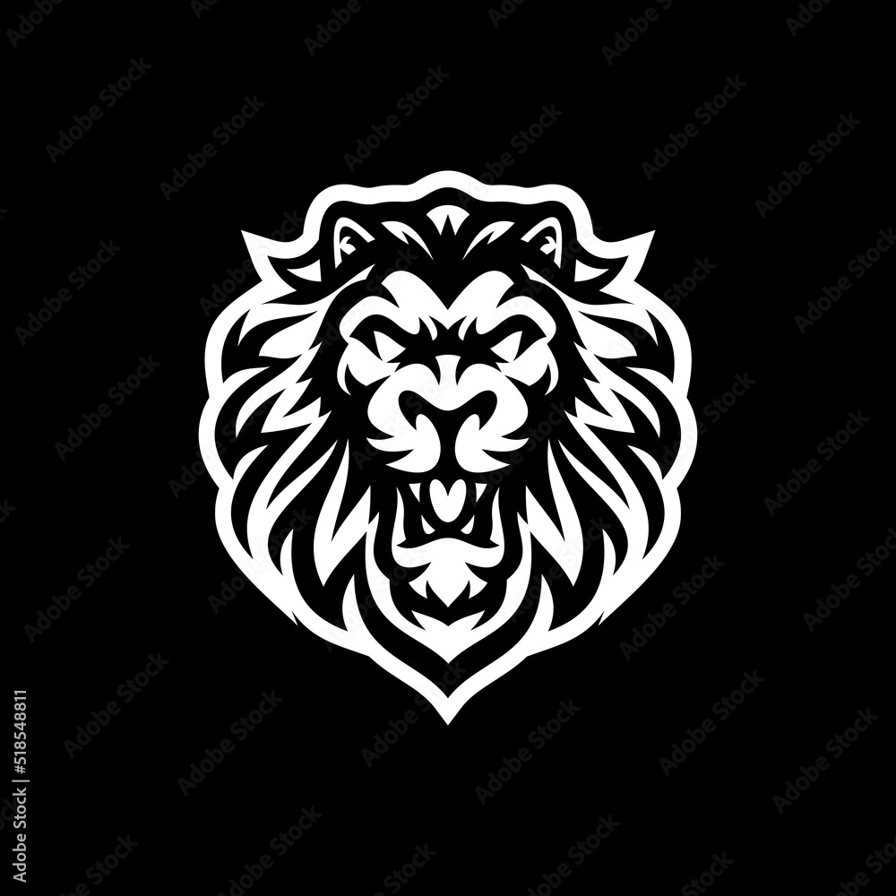 Fototapeta premium Angry roaring lion head line art or silhouette logo design. Lion face vector illustration on dark background
