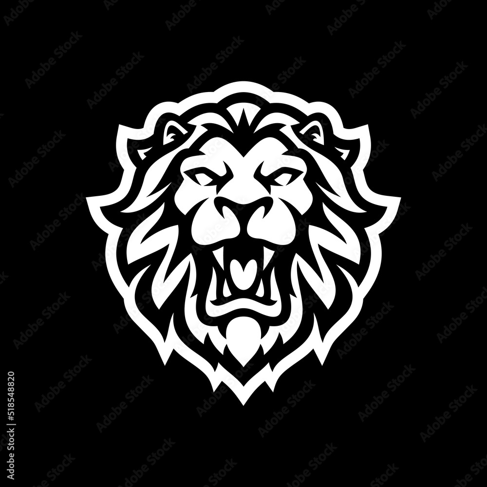 Obraz premium Angry roaring lion head line art or silhouette logo design. Lion face vector illustration on dark background 