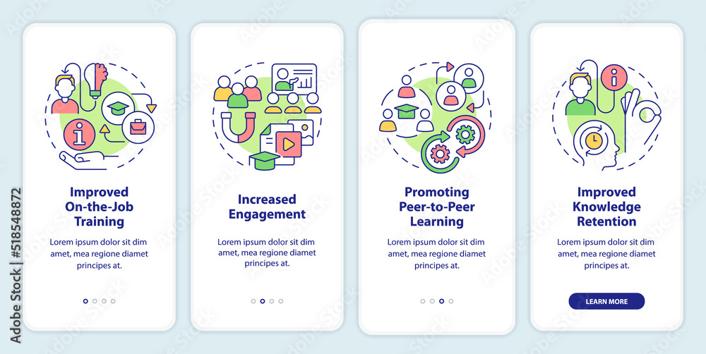 Advantages of microlearning onboarding mobile app screen. Engagement walkthrough 4 steps editable graphic instructions with linear concepts. UI, UX, GUI template. Myriad Pro-Bold, Regular fonts used