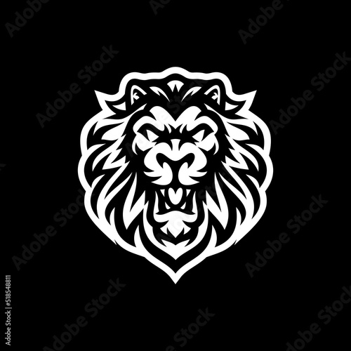 Angry roaring lion head line art or silhouette logo design. Lion face vector illustration on dark background  