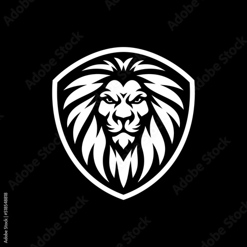 Lion shield line art or silhouette emblem logo design. Lion head and shield vector illustration on dark background 