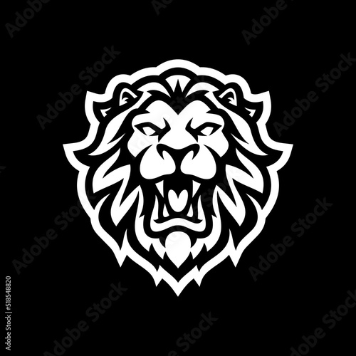 Angry roaring lion head line art or silhouette logo design. Lion face vector illustration on dark background	
