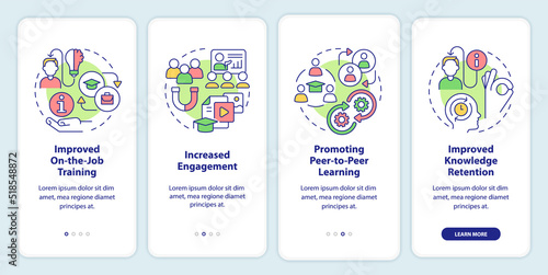 Advantages of microlearning onboarding mobile app screen. Engagement walkthrough 4 steps editable graphic instructions with linear concepts. UI, UX, GUI template. Myriad Pro-Bold, Regular fonts used