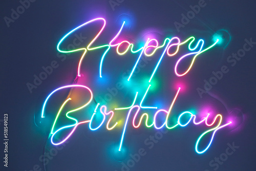 Colorful neon happy birthday. Trendy style. Happy Birthday  background. Neon sign. Custom neon. Party decor.