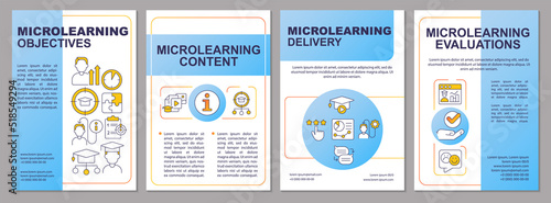Elements of microlearning blue brochure template. Objectives. Leaflet design with linear icons. Editable 4 vector layouts for presentation, annual reports. Arial, Myriad Pro-Regular fonts used