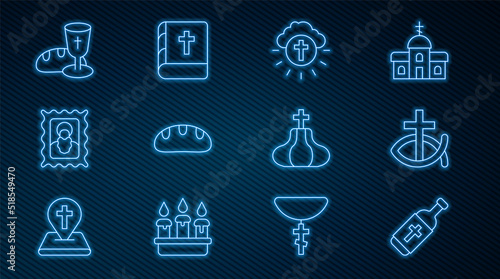 Set line Holy water bottle, Christian fish, Religious cross in circle, Bread loaf, icon, Goblet and bread, Church tower and bible book icon. Vector