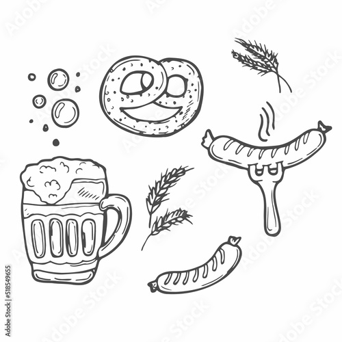 Oktoberfest beer festival traditional symbols in doodle style. Collection of hand drawn design elements and lettering for party flyer, invitation, greeting card, banner, poster templates.