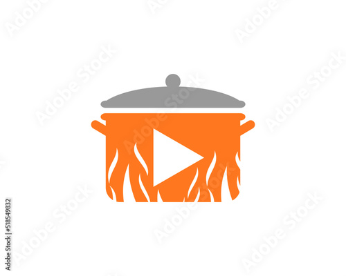 Boiling pan with playing button inside vector logo