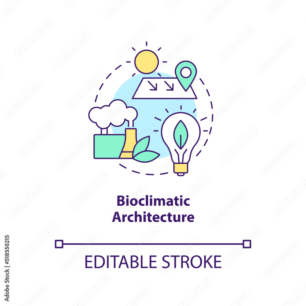 Bioclimatic architecture concept icon. Local climate. Net zero design approach abstract idea thin line illustration. Isolated outline drawing. Editable stroke. Arial, Myriad Pro-Bold fonts used Bioclimatic architecture concept icon. Local climate. Net zero design approach abstract idea thin line illustration. Isolated outline drawing. Editable stroke. Arial, Myriad Pro-Bold fonts used